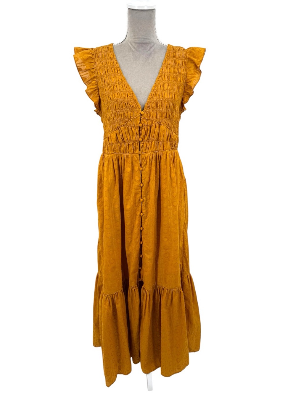 Anthropologie Peregrine Smocked Ruffle Midi Dress Size Medium Pockets - Picture 2 of 12